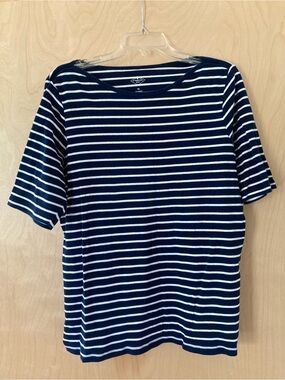 St. John's Bay Women's XL Navy Blue & White Striped Classic Boatneck T-Shirt